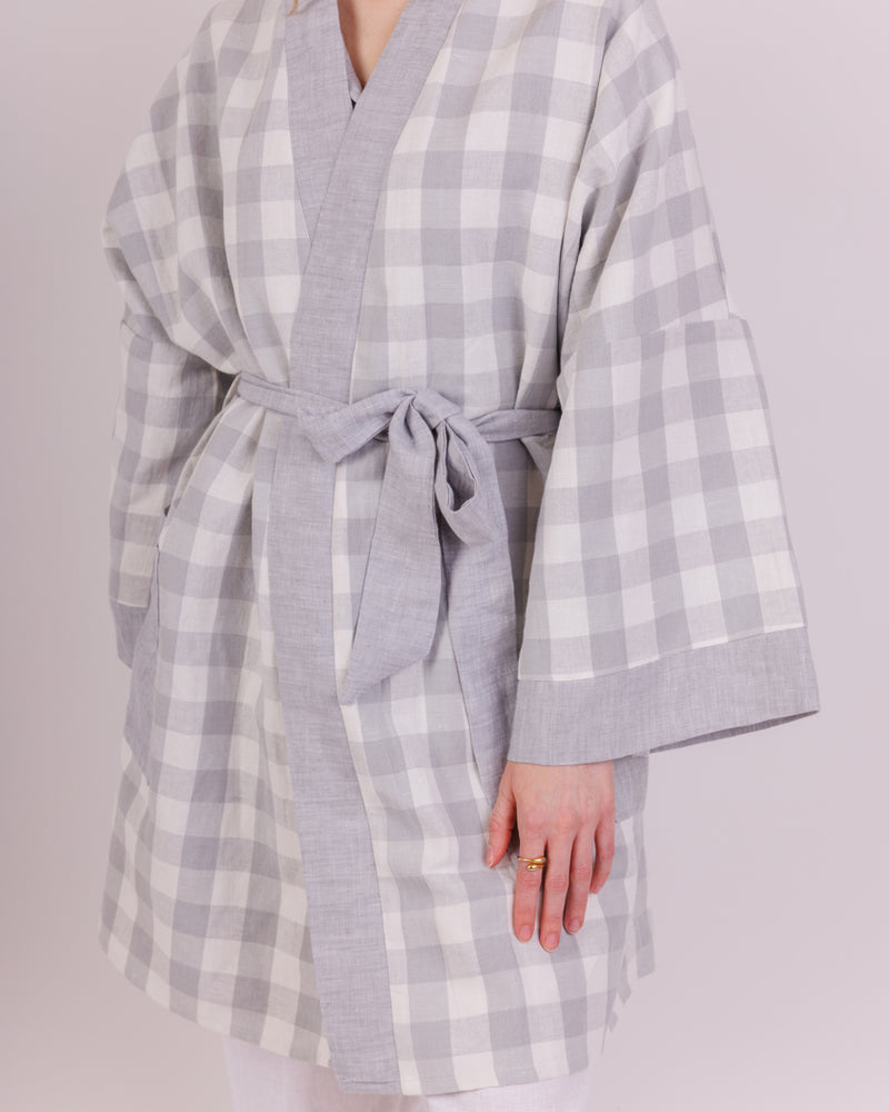 Dlouhé lněné kimono FULL MOON - CHECKS
