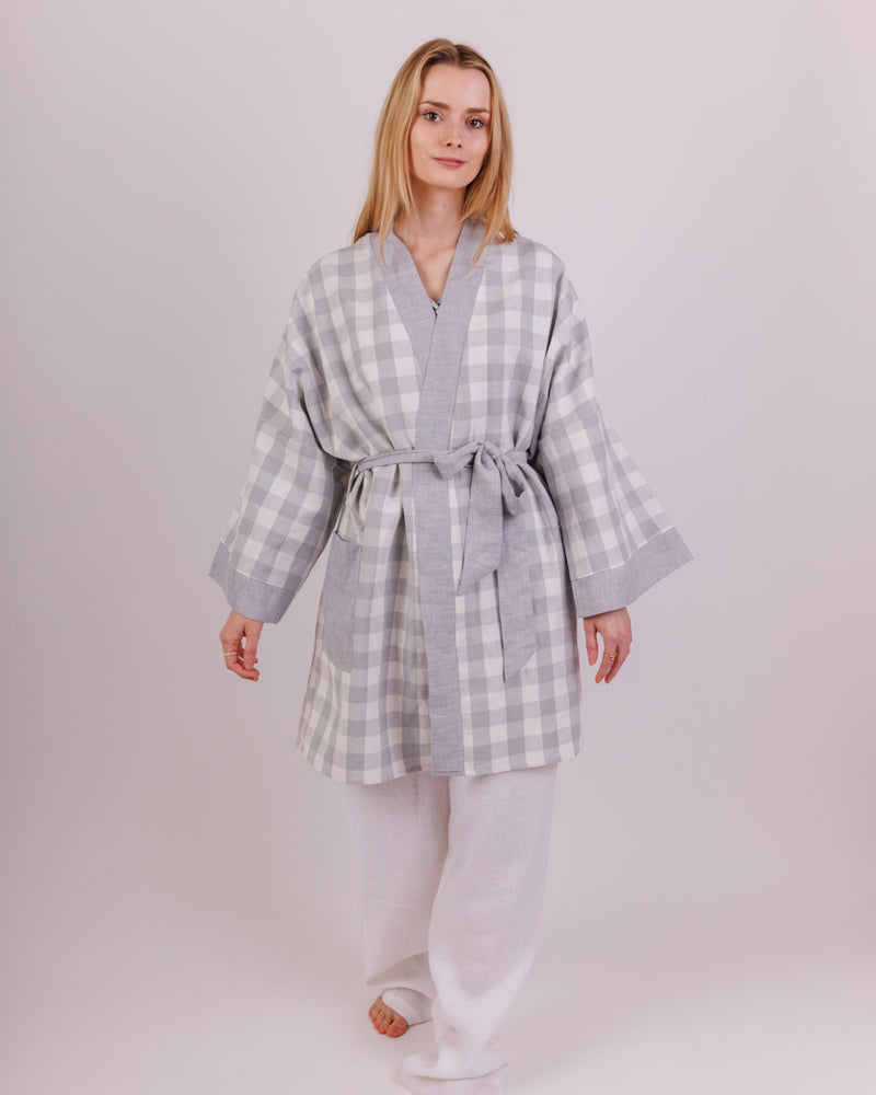 Dlouhé lněné kimono FULL MOON - CHECKS